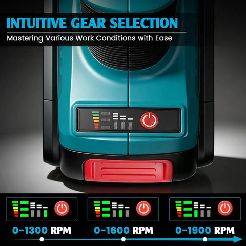 Brushless Cordless Sheet Metal Nibbler For Makita 18V Battery control panel showing intuitive gear selection and RPM settings.