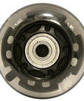 Close-up of Lit Up Inline Skate Wheels 64mm 82A showing ABEC 9 Bearings, no battery needed, powered by centrifugal force, bright LED lights