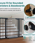 Auto Close Baby Gate For Stairs And Doorways With Easy Install Pressure Mounted Design Walk Through One Hand Operation Perfect For Pets And Little Ones In Black, shown on staircase with round banisters and baseboards.