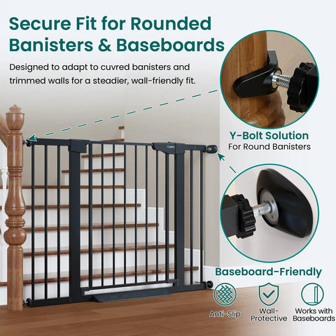 Auto Close Baby Gate For Stairs And Doorways With Easy Install Pressure Mounted Design Walk Through One Hand Operation Perfect For Pets And Little Ones In Black, shown on staircase with round banisters and baseboards.