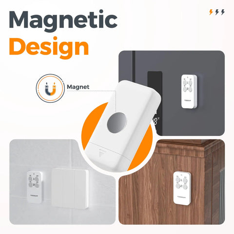 Magnetic design of Remote Control Outlet Plug Set With One Remote And Two Outlets shown on different surfaces