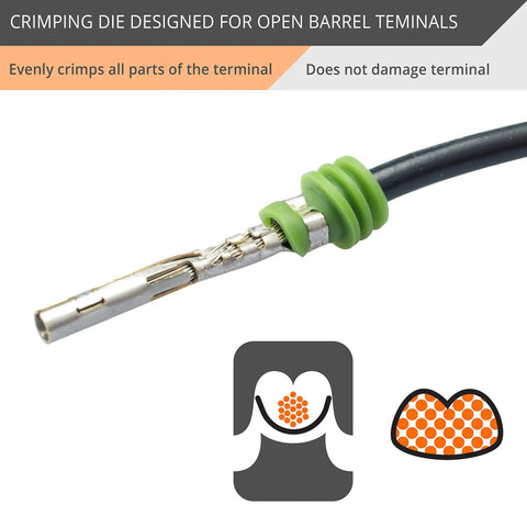 Crimping Die For Open Barrel Terminals 20 To 10 AWG With Precision Dies on cable, showing even crimp and no damage