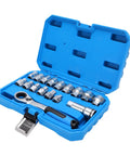 17 Piece Pass Through Socket Set With 72 Tooth Ratchet Wrench Crafted From Tough Chrome Vanadium Steel To Quickly Clear Threaded Rods And Long Bolts Without Breaking A Sweat in blue case.