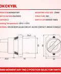 Technical diagram for 22mm 2 Position Momentary Selector Switch 1NO 660V 10A Industrial Grade Metal Head IP65.