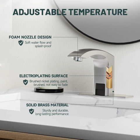 Touchless Bathroom Sink Faucet Automatic Motion Sensor Dual Power AC Or Battery With Control Box And Temperature Mixer Brass Or Brushed Nickel Finish Commercial Grade on white countertop