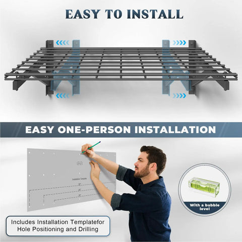 Heavy Duty 4 Pack Garage Wall Shelving Set With 1400Lb Capacity, 2x3 Ft Shelves, wall installation instructions displayed.