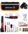 Sixteen In One Bicycle Repair Toolkit with Tire Patch Kit, Chain Repair Wrench, Mini Pump, gloves, and emergency blanket, laid out with black and red color scheme.