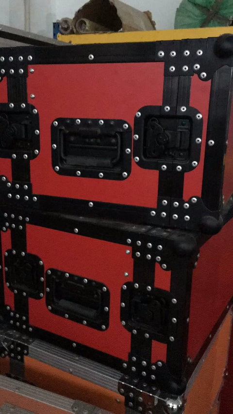 Red and black toolboxes with 6.34 Inch Black Spring Loaded Handles, showing handles' chrome iron construction and rubber grip.