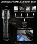 Diagram showing Rechargeable High Lumen Flashlight With 100000 Lumens, USB charging options for adapter, car charger, MacBook, power bank