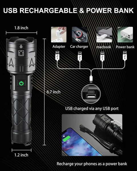Diagram showing Rechargeable High Lumen Flashlight With 100000 Lumens, USB charging options for adapter, car charger, MacBook, power bank