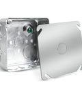Four Inch Square Electrical Box With Cover, Rugged Galvanized Steel Junction Box, deep 21 cu in, open front view