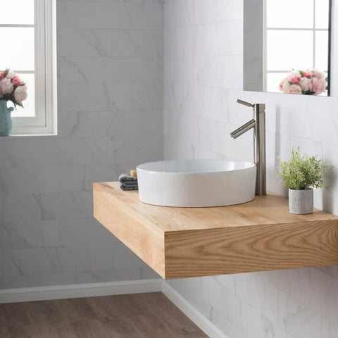 Elavo Round Vessel White Porcelain Ceramic Bathroom Sink 18 Inch Go-To Pick For Any Bath on wooden countertop