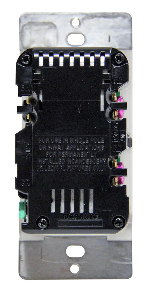 Back view of 600-Watt Single-Pole And 3-Way Universal Rocker Slide Dimmer, White, 3-Pack showing wiring connections.