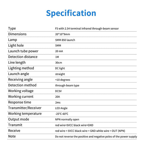 Specification sheet for 2Pcs Pro Grade IR Break Beam Sensor Through Beam Photoelectric Switch 5mm LED Counting Module.