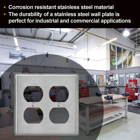 5 Pack 2 Gang Duplex Stainless Steel Wall Plate With Protective Film For Easy Removal in an industrial setting