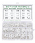 Clear Food Grade Silicone O Ring Set 225 Piece Seal Kit with labeled compartments showing various O-ring sizes.