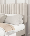 Super Soft King Velvet Bed Frame With Channel Tufted Headboard In Classic Beige close-up of headboard and bedding.