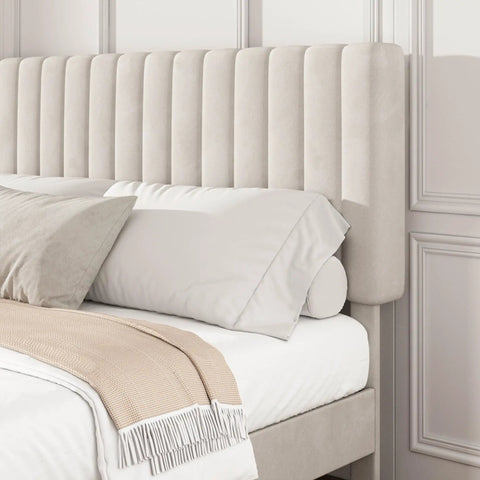 Super Soft King Velvet Bed Frame With Channel Tufted Headboard In Classic Beige close-up of headboard and bedding.