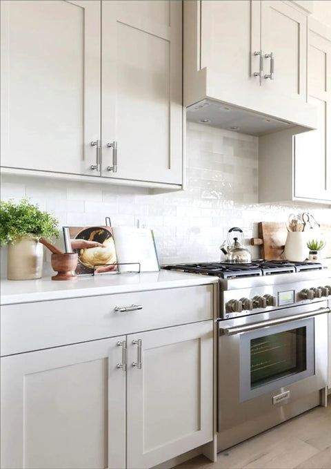 Modern kitchen with Knurled Satin Nickel Cabinet Pulls 4 Inch 102mm, 10 Pack, Brushed Finish Kitchen Cabinet Handles on white cabinets.