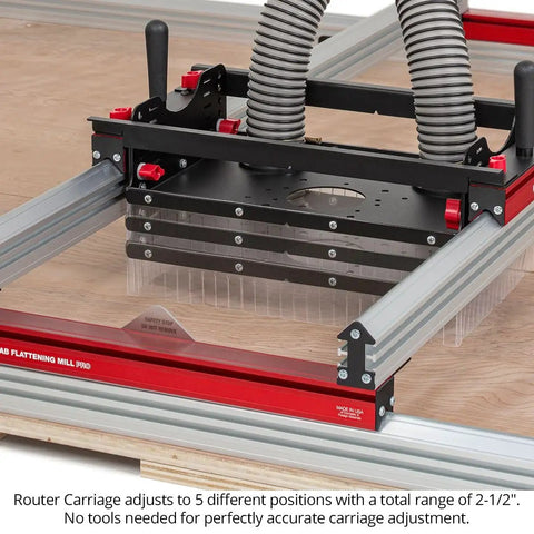 Heavy Duty Slab Flattening Mill Pro Extended With Hella Wide 48X134 Inch Capacity close-up of router carriage with adjustment feature.