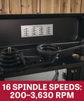 17 Inch Floor Drill Press With 16 Speed Options And 3/4 Horsepower Motor displaying spindle speed settings and pulleys.