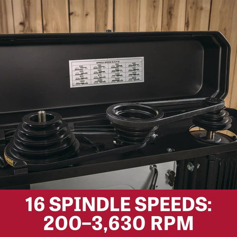 17 Inch Floor Drill Press With 16 Speed Options And 3/4 Horsepower Motor displaying spindle speed settings and pulleys.