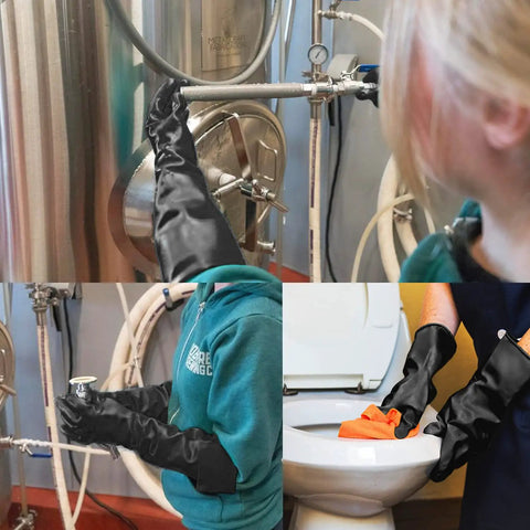Heavy Duty Chemical Resistant Gloves For Tough Industrial Jobs And Stubborn Household Grime, Extra Large Black Latex Hand Savers in use.