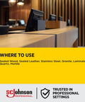 Pro Grade Furniture Polish Spray With Zesty Lemon Scent Bulk Six Pack Aerosol Cleaner for Sealed Wood and Hard Surfaces shown in a professional setting.