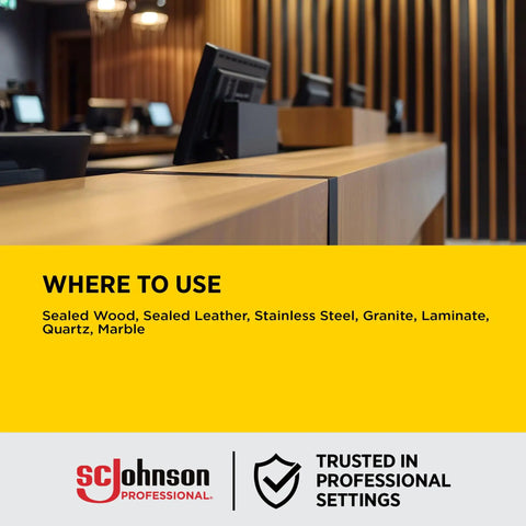 Pro Grade Furniture Polish Spray With Zesty Lemon Scent Bulk Six Pack Aerosol Cleaner for Sealed Wood and Hard Surfaces shown in a professional setting.