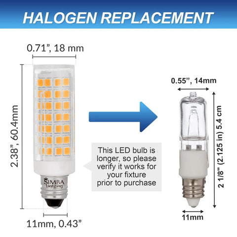 LED E11 Mini Candelabra Light Bulb 5W High Output 500 Lumens 3000K Soft White Dimmable Halogen Replacement size comparison