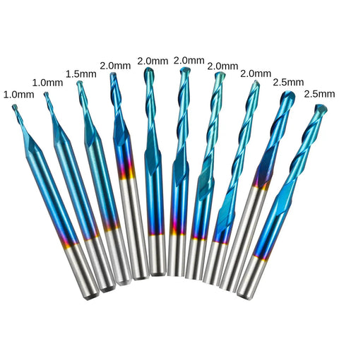 Ten Piece Nano Blue Coated Ball Nose End Mills Set, Two Flute, One Eighth Inch Shank, 0.8mm to 2.5mm Cutting Diameter arranged in a row