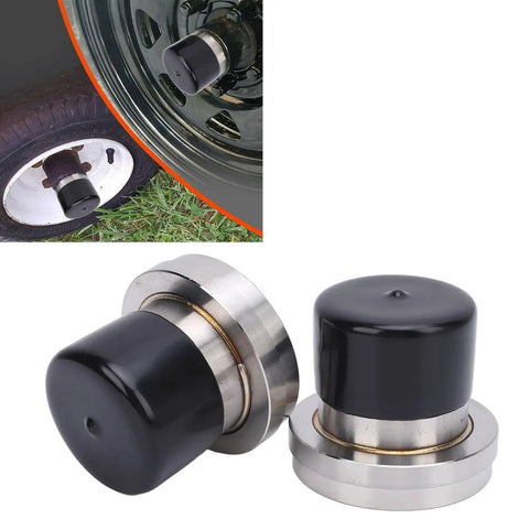 2 Pack Boat Trailer Bearing Protectors With Covers, Stainless Steel Center Grease Cap, 2.717 Inch Diameter, shown on wheels