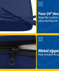 Close-up of navy blue outdoor chaise lounge cushions showing 24-inch ties and smooth metal zippers for secure fit.