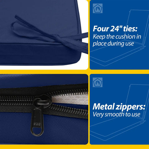 Close-up of navy blue outdoor chaise lounge cushions showing 24-inch ties and smooth metal zippers for secure fit.