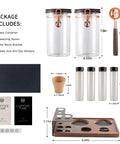 Keep Your Beans Locked Away In This Coffee Canister Set With Two Sealed Glass Jars With One Way Degassing Valves And Dark Blocking Lids Includes Four Dosing Tubes Measuring Spoon Funnel And Sturdy Rack For Your Daily Grind Routine, showing glass containers, a measuring spoon, and storage rack.