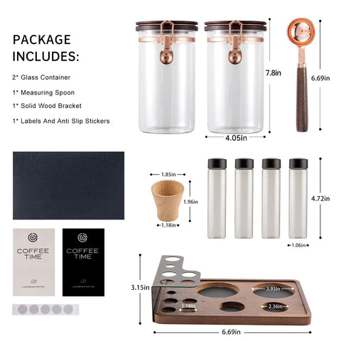 Keep Your Beans Locked Away In This Coffee Canister Set With Two Sealed Glass Jars With One Way Degassing Valves And Dark Blocking Lids Includes Four Dosing Tubes Measuring Spoon Funnel And Sturdy Rack For Your Daily Grind Routine, showing glass containers, a measuring spoon, and storage rack.