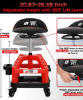 Beefy Heavy Duty Rolling Shop Stool For Garage With Casters Adjustable Height 360 Degree Swivel Seat Tool Tray Storage 330 Lbs Capacity Padded Mechanic Stool Magnetic Tool Hold Red shown with adjustment features and padded seat.