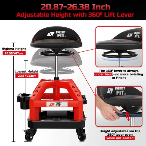 Beefy Heavy Duty Rolling Shop Stool For Garage With Casters Adjustable Height 360 Degree Swivel Seat Tool Tray Storage 330 Lbs Capacity Padded Mechanic Stool Magnetic Tool Hold Red shown with adjustment features and padded seat.