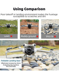 Comparison of Mini 4 Pro Foldable Sled Landing Gear Extension Kit performance on various surfaces.