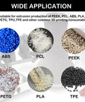 Colorful plastic pellets including ABS, PCL, PEEK, PETG, PLA, and TPE for Game Changing Vertical Single Screw Extruder One Inch Diameter.