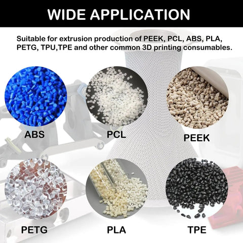 Colorful plastic pellets including ABS, PCL, PEEK, PETG, PLA, and TPE for Game Changing Vertical Single Screw Extruder One Inch Diameter.
