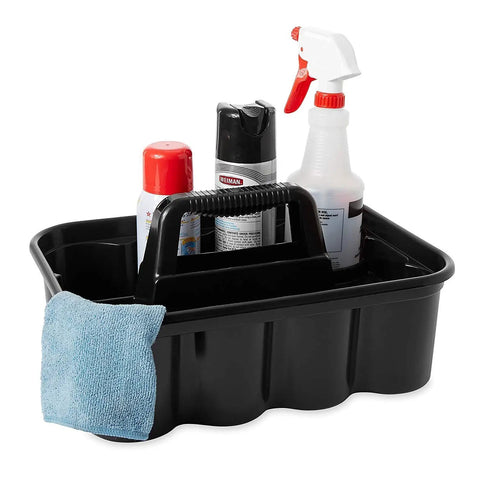 Deluxe Carry Caddy for Takeout Drinks and Cleaning Gear on the Go Grab and Go Haul, holding bottles and a cloth, black