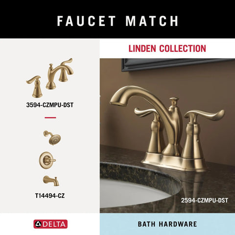 Linden Collection bath hardware including champagne bronze faucet and fixtures near sink.