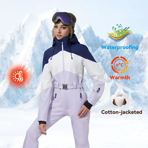 Women One Piece Ski Suit For Snowboarding And Snowmobiling, Waterproof And Windproof Jumpsuit With Thermal Insulation, Purple