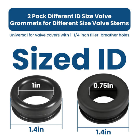 Two black PVC valve cover breather grommets, 0.75in and 1in ID, 1.4in outer diameter, 2-pack