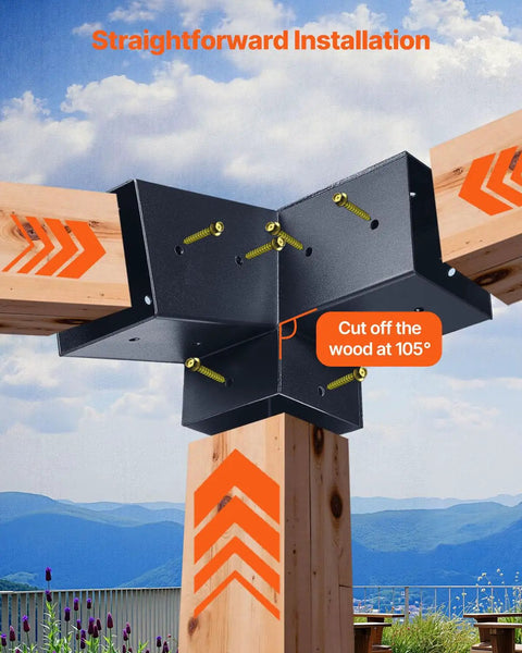 Killer Quality Carbon Steel Pergola Brackets Made To Fit 4x4 Wood Posts Like A Champ With Solid 3 Way Slanted Hardware Plus Rugged Screws And Base Plates For Backyard Deck Builds, installed at an angle.