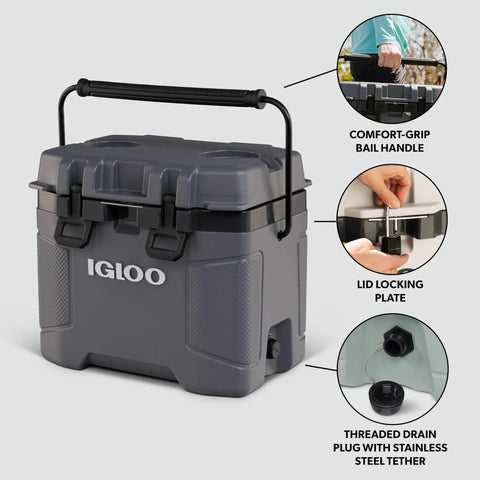 Top Shelf 25 Quart Insulated Cooler With Thick Foam Walls And Cool Riser Tech, featuring a comfort-grip bail handle.