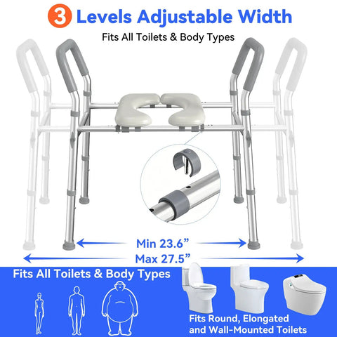 Ultra Comfy Raised Toilet Seat With Extra Wide Safety Handles Adjustable Height And Width For Seniors Fsa Hsa Eligible Heavy Duty Frame No Wobble with adjustable width features.