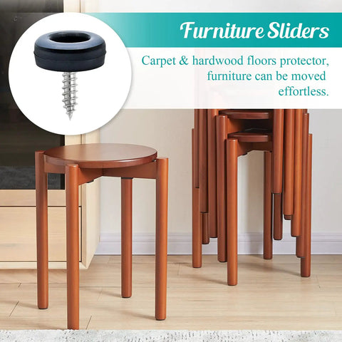 Side view of 24 Pack Screw On Furniture Sliders With Screws Three Quarter Inch Round Teflon Chair Leg Slides For Hardwood Floors Protectors Gray And Black Heavy Duty Glide For Heavy Furniture on stacked wooden chairs