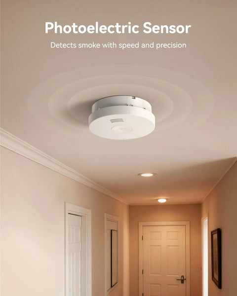 Reliable Smoke Alarm With Photoelectric Sensor And 10 Year Battery, UL217 10th Listed GS525A, Low Battery Alert, Easy Setup, Home Safety Detector, Pack Of 6 installed on hallway ceiling